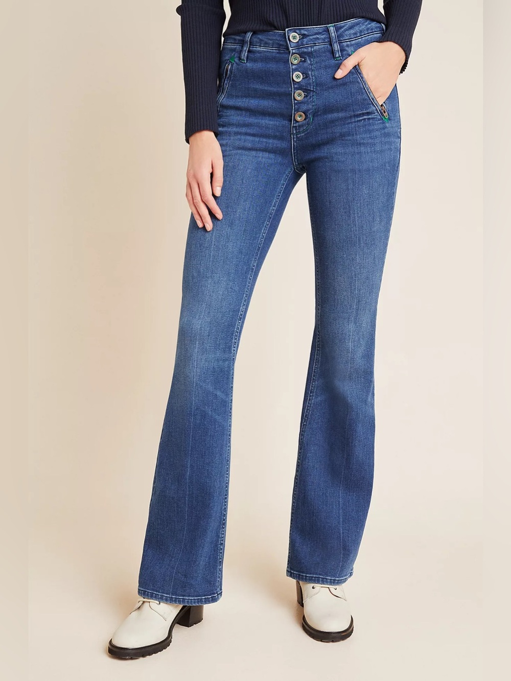 Pilcro Anthropologie Button-Fly High-Rise Bootcut Jeans Green Detail Size 32